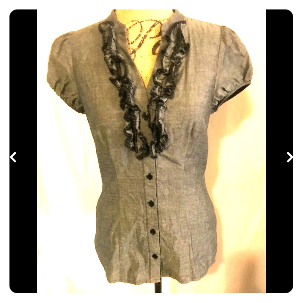 Maurices Gray Chambray Ruffle Button Down Blouse